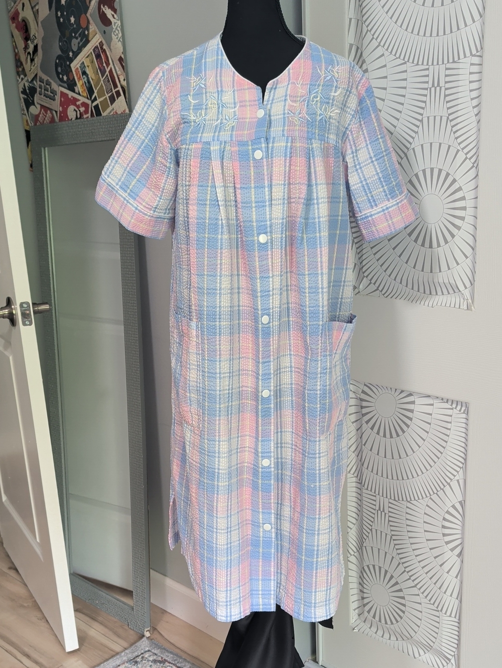 Vintage Pastel Plaid Snap Button-Front Woth Pockets Housecoat
